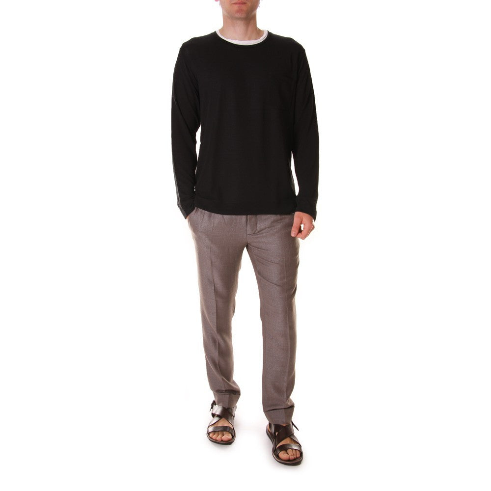 Officina36 mens black tricot sweater with wide white crew neck