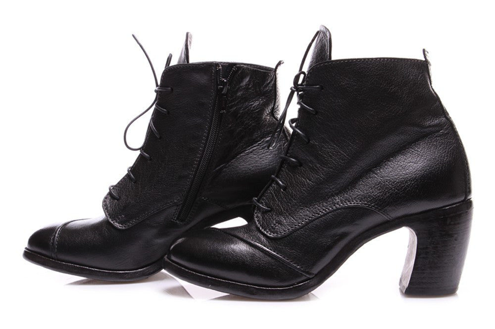 MOMA womens black leather Lace-up heeled boots 